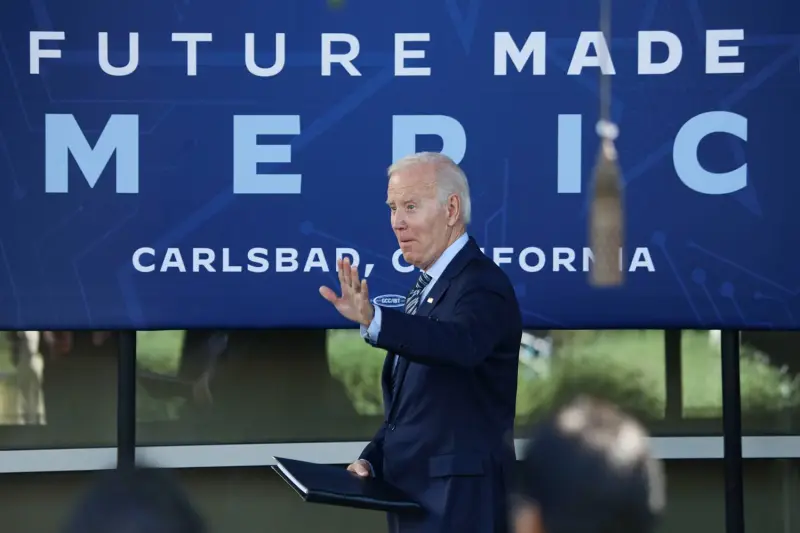 U.S. President Joe Biden speaks with dignitaries and employees at U.S. technology company ViaSat in Carlsbad, California, on Nov. 4, 2022.