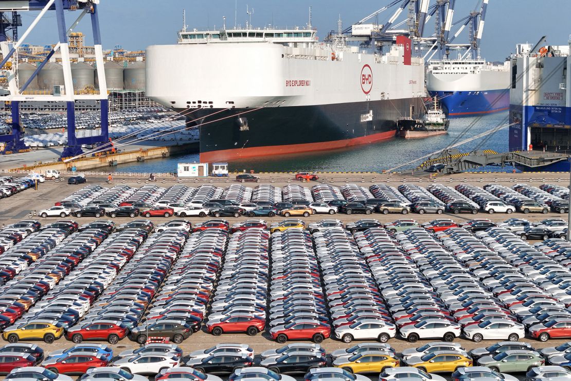 Electric cars wait to be loaded on the BYD Explorer No.1, a Chinese-made<strong> </strong>vessel intended to export Chinese autos, at Yantai port in eastern China’s Shandong province in January 2024.» class=»image__dam-img image__dam-img–loading» onload=»this.classList.remove(‘image__dam-img–loading’)» onerror=»imageLoadError(this)» height=»1333″ width=»2000″ loading=»lazy»></picture>
</div>
</div>
<p class=