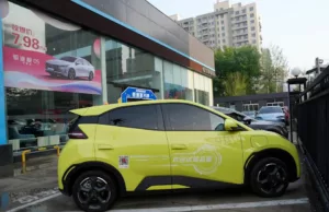 A Seagull electric vehicle from Chinese automaker BYD is parked outside a showroom in Beijing in April 2024. Canada imposed a 100 per cent tariff on EVs made in China last fall, following the lead of the United States. A Seagull electric vehicle from Chinese automaker BYD is parked outside a showroom in Beijing in April 2024. Canada imposed a 100 per cent tariff on EVs made in China last fall, following the lead of the United States.