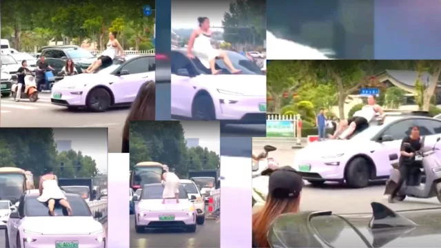 Chinese Woman Rides Tesla In Bizarre Road Rage