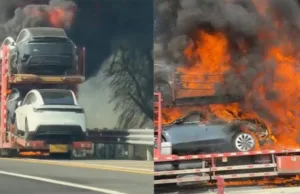 Tesla cars engulfed in flames during transport in China Tesla cars engulfed in flames during transport in China