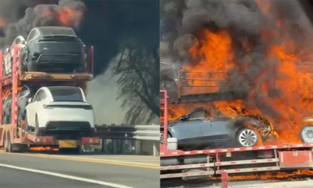 Tesla cars engulfed in flames during transport in China