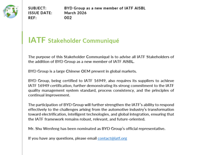 Rulemaker status: BYD joins elite IATF body to help shape international EV rules
