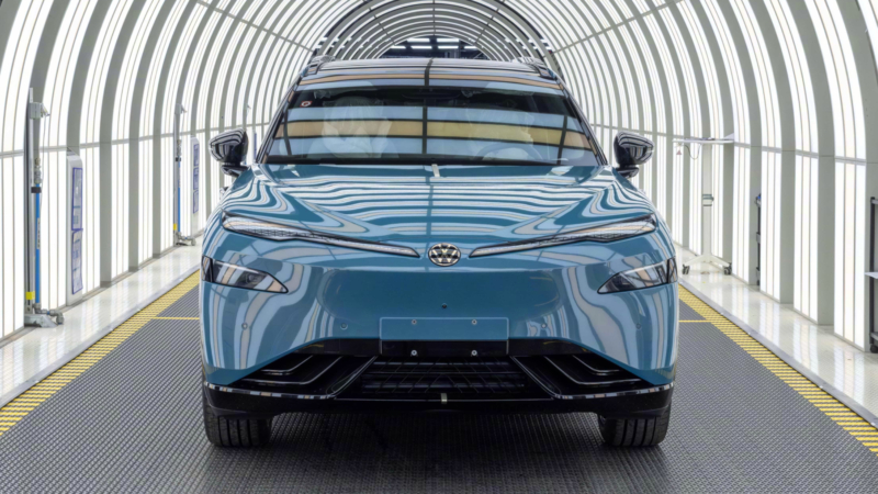 Volkswagen ID. Unix 08 with Xpeng tech rolled off the production line in China
